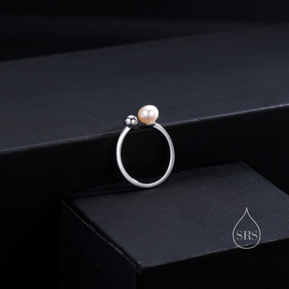 Minimalist Pearl and Ball Open Ring in Sterling Silver, Genuine Freshwater Adjustable Ring, Adjustable Size Pearl Ring, Real Pearl Ring