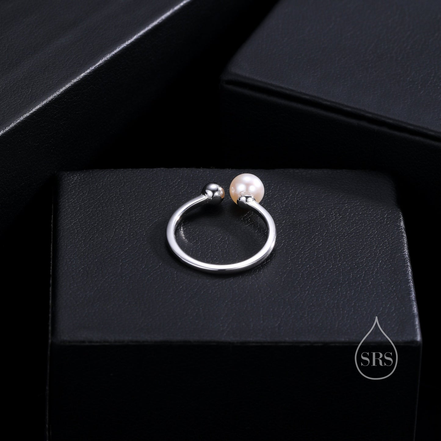 Minimalist Pearl and Ball Open Ring in Sterling Silver, Genuine Freshwater Adjustable Ring, Adjustable Size Pearl Ring, Real Pearl Ring