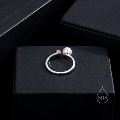 Minimalist Pearl and Ball Open Ring in Sterling Silver, Genuine Freshwater Adjustable Ring, Adjustable Size Pearl Ring, Real Pearl Ring