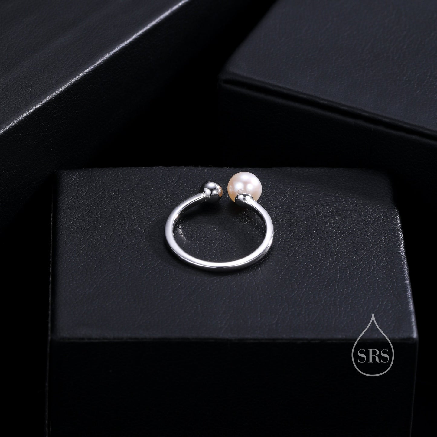 Minimalist Pearl and Ball Open Ring in Sterling Silver, Genuine Freshwater Adjustable Ring, Adjustable Size Pearl Ring,  Real Pearl Ring