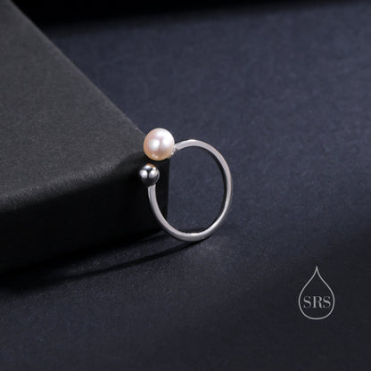Minimalist Pearl and Ball Open Ring in Sterling Silver, Genuine Freshwater Adjustable Ring, Adjustable Size Pearl Ring, Real Pearl Ring