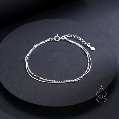 Double Layer Bracelet in Sterling Silver, Dainty Chain Satellite Chain Bracelet, Silver or Gold or Rose Gold, Ball Chain Bracelet