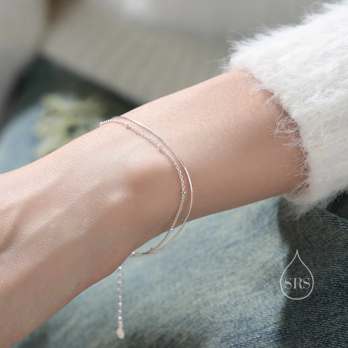 Double Layer Bracelet in Sterling Silver, Dainty Chain Satellite Chain Bracelet, Silver or Gold or Rose Gold, Ball Chain Bracelet