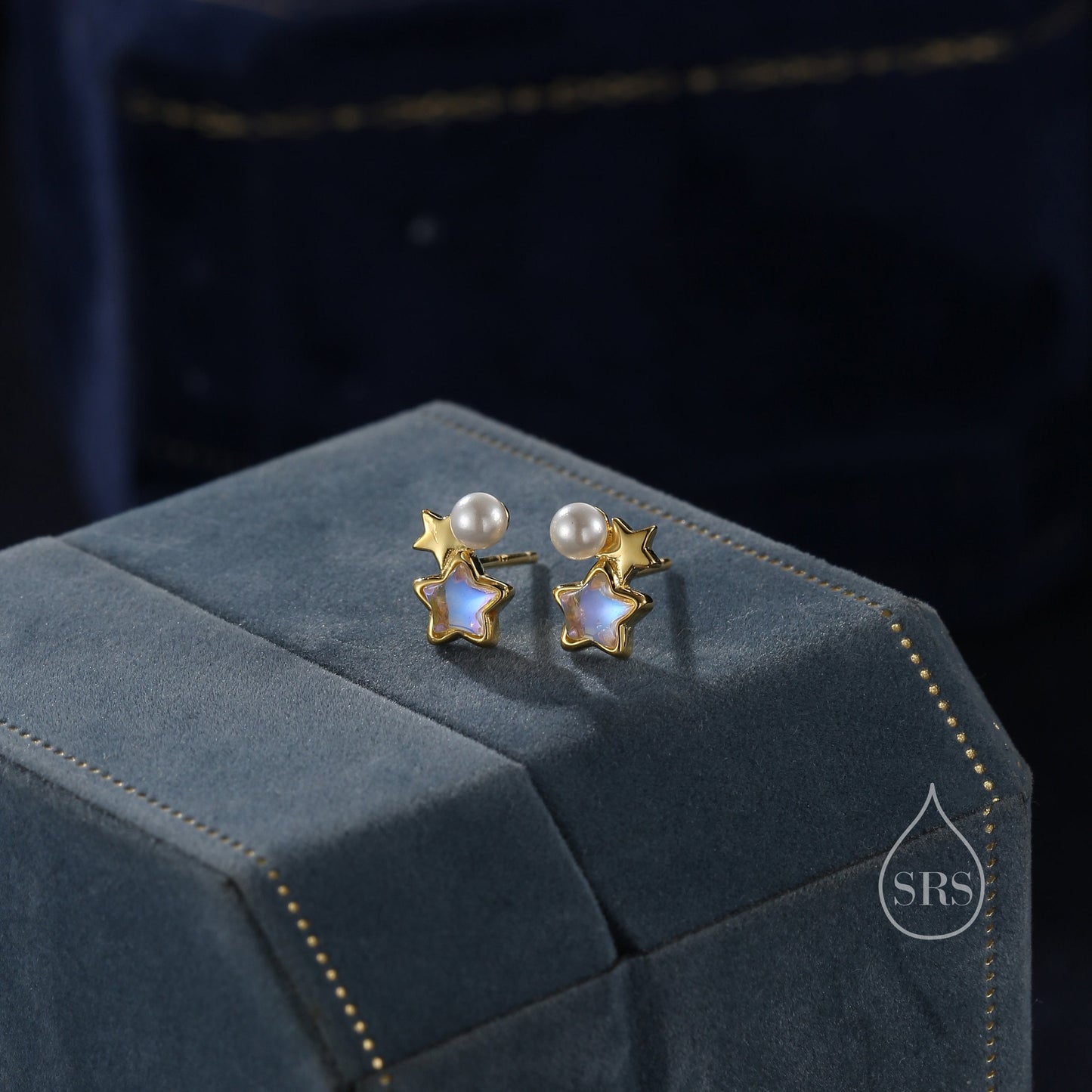 Tiny Moonstone Star and Pearl Stud Earrings in Sterling Silver, Silver or Gold or Rose Gold, Aurora Star Earrings, Sunburst Earrings