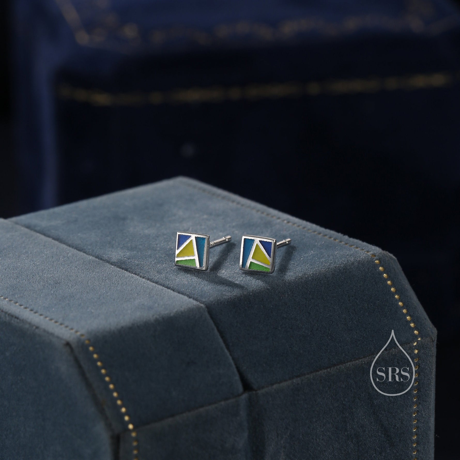 Enamel Square Stud Earrings in Sterling Silver, Hand Painted Enamel Square Earrings, Stained Glass Inspired Square Stud