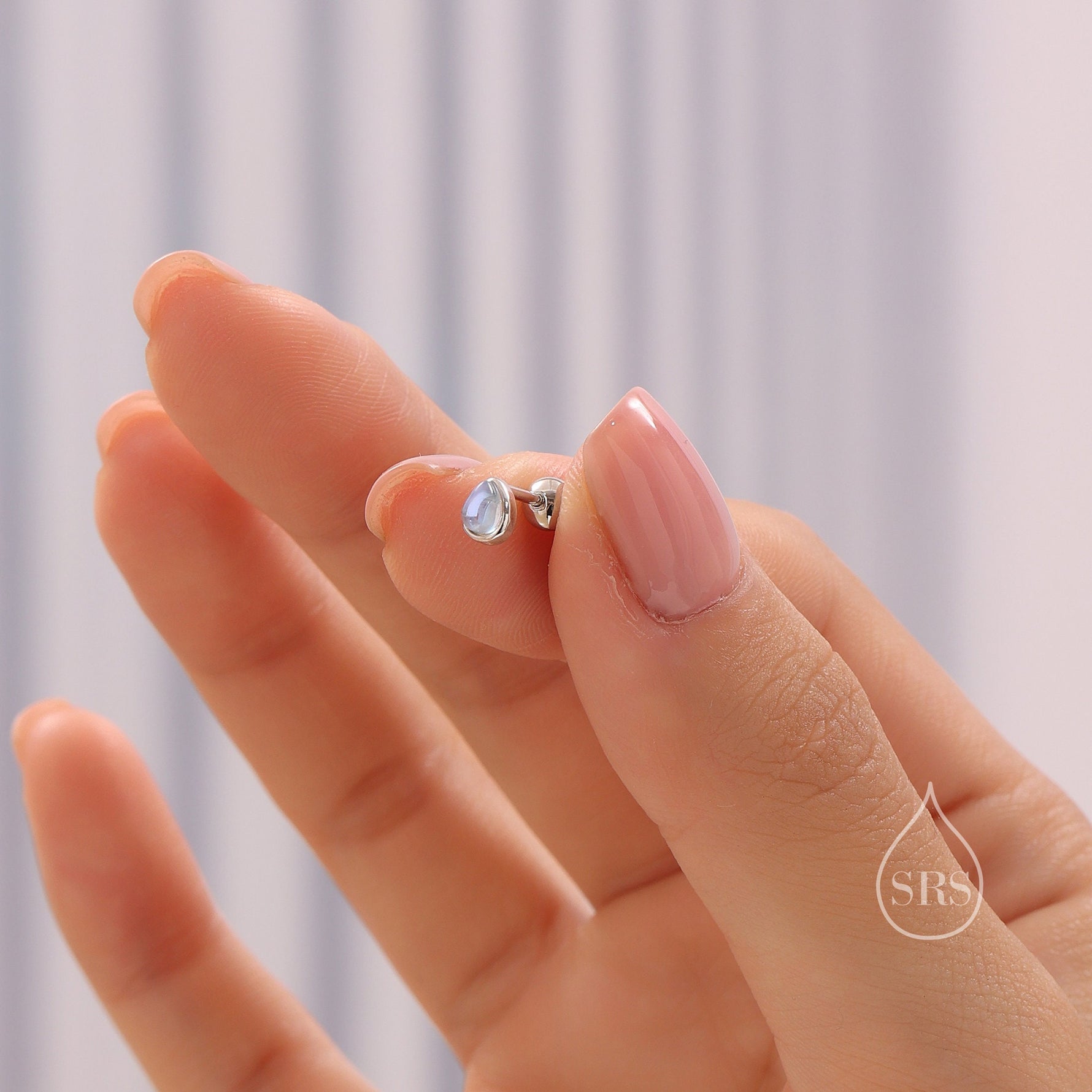 Tiny Moonstone Droplet Screw Back/Internally Threaded Flat Back/Stud Earrings in Sterling Silver, Silver or Gold or Rose Gold, Lab Moonstone