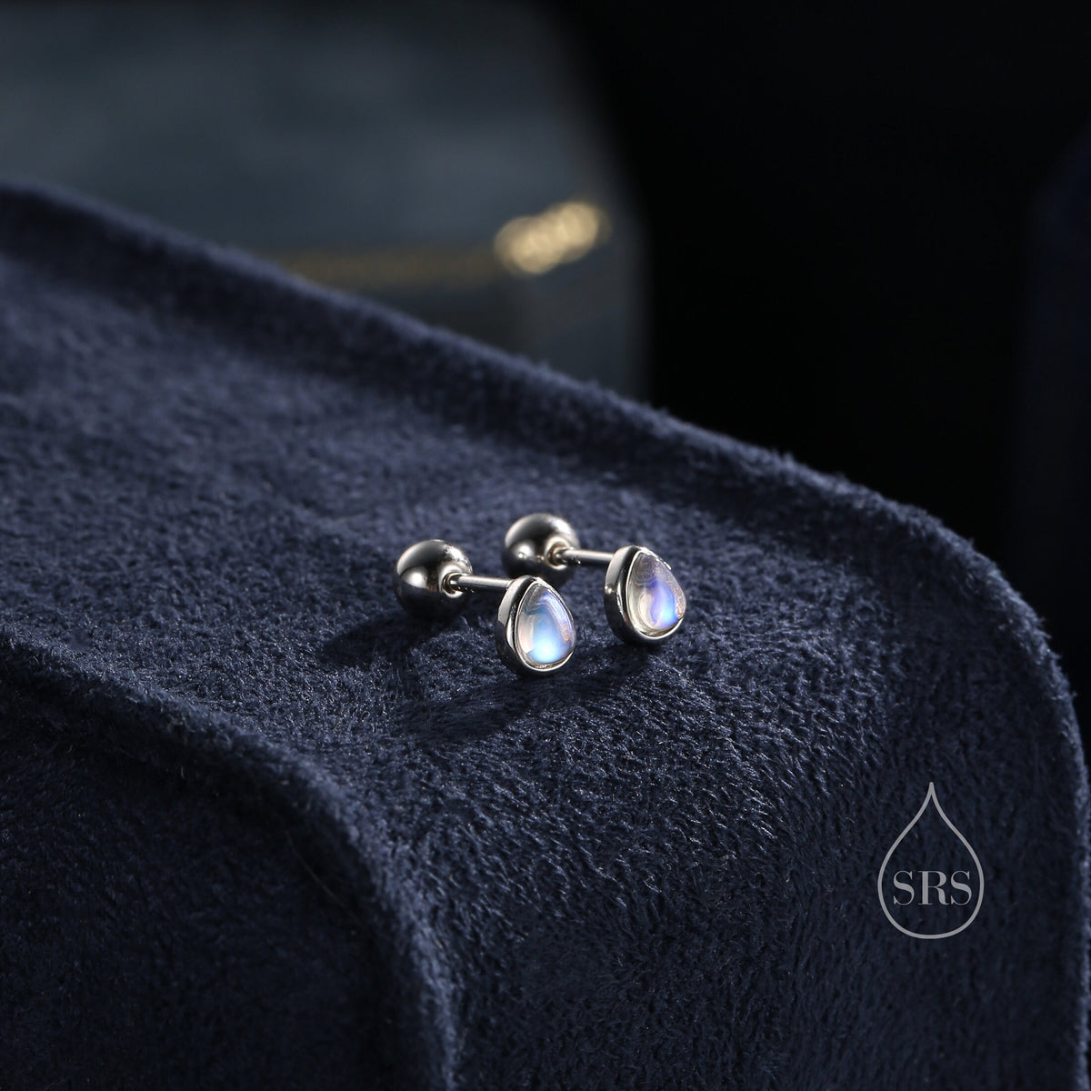 Tiny Moonstone Droplet Screw Back/Internally Threaded Flat Back/Stud Earrings in Sterling Silver, Silver or Gold or Rose Gold, Lab Moonstone