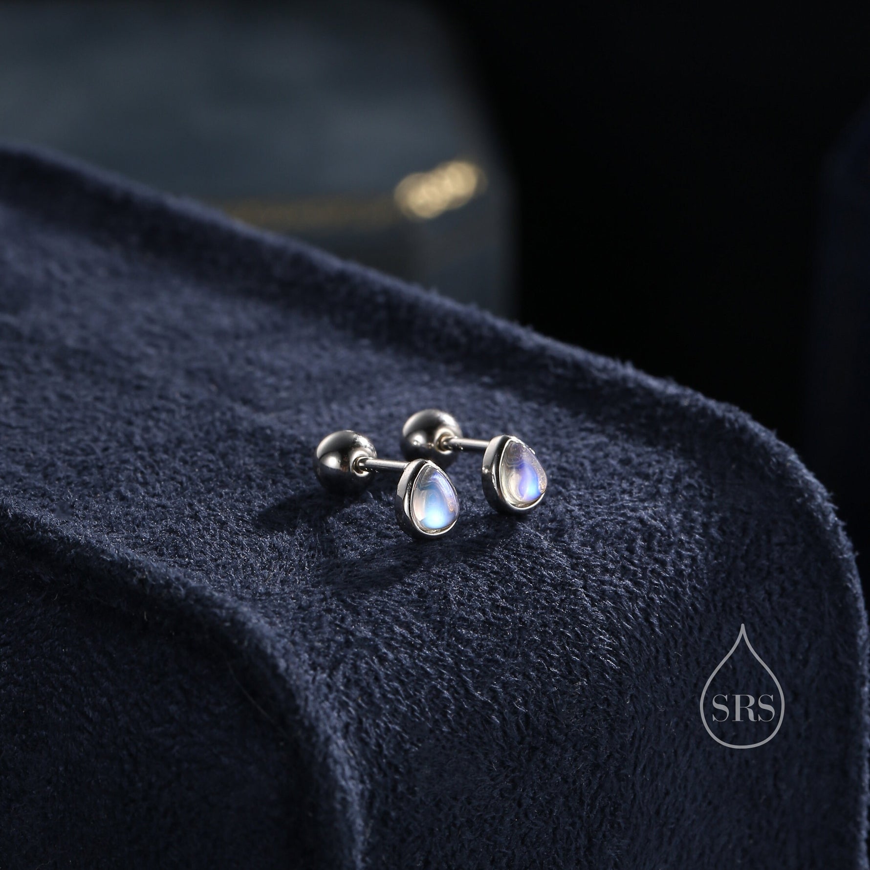 Tiny Moonstone Droplet Screw Back/Internally Threaded Flat Back/Stud Earrings in Sterling Silver, Silver or Gold or Rose Gold, Lab Moonstone