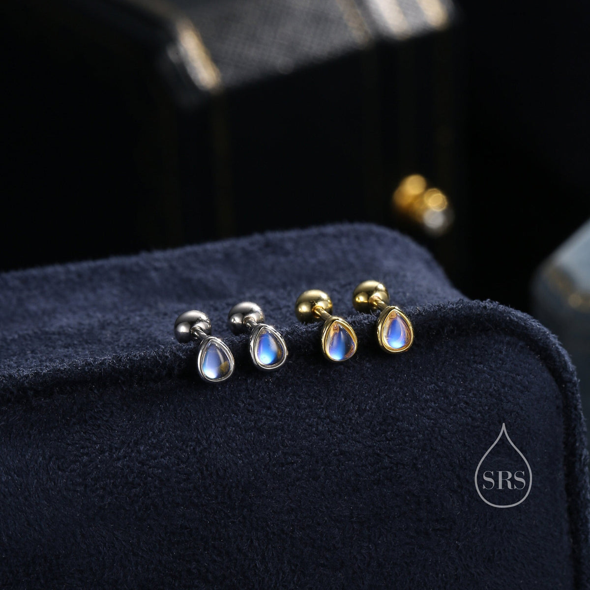 Tiny Moonstone Droplet Screw Back/Internally Threaded Flat Back/Stud Earrings in Sterling Silver, Silver or Gold or Rose Gold, Lab Moonstone