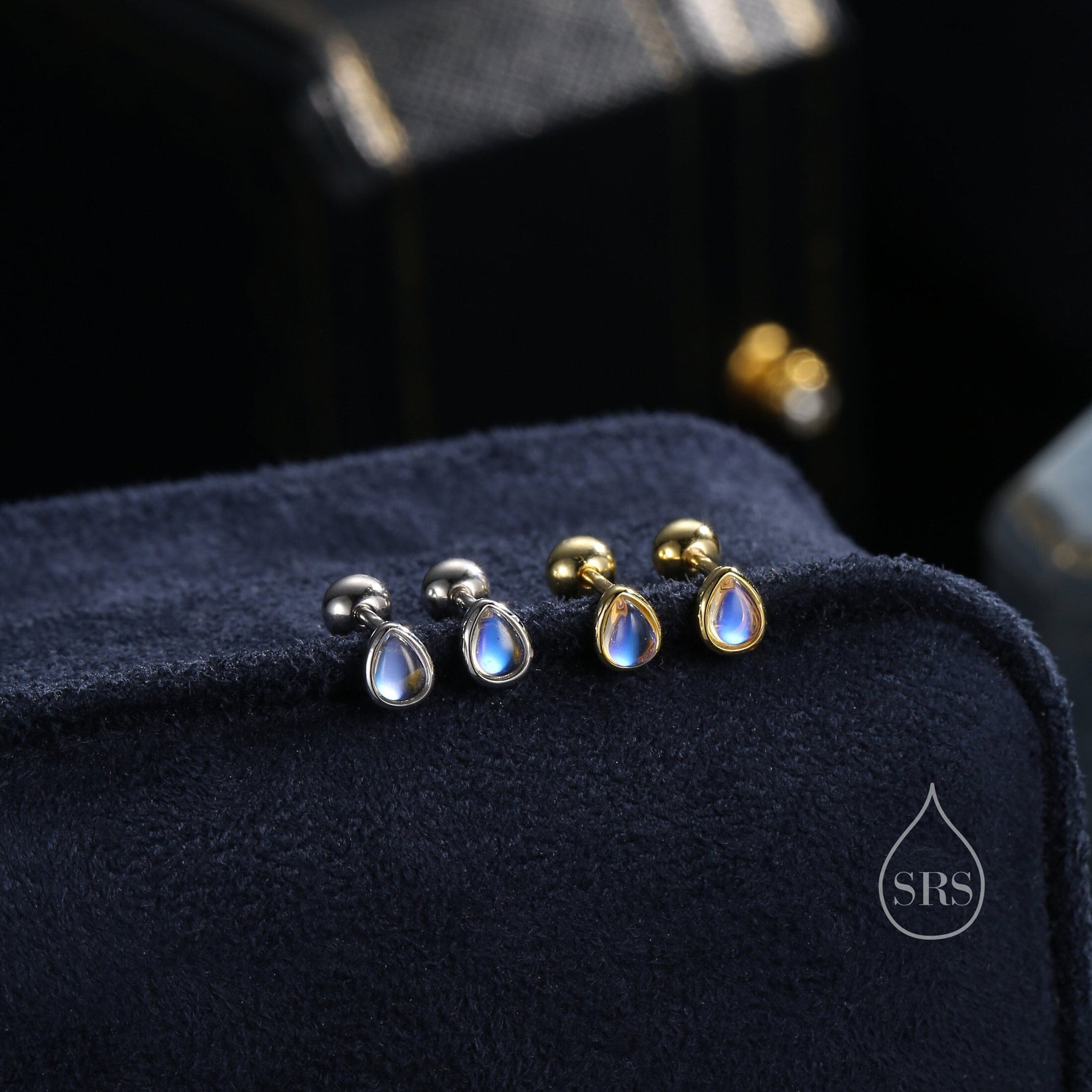 Tiny Moonstone Droplet Screw Back/Internally Threaded Flat Back/Stud Earrings in Sterling Silver, Silver or Gold or Rose Gold, Lab Moonstone