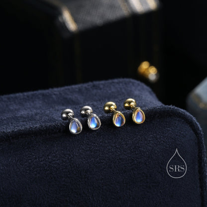 Moonstone Droplet Screw Back / Internally Threaded Flat Back Earrings in Sterling Silver, Silver or Gold or Rose Gold, Lab Moonstone