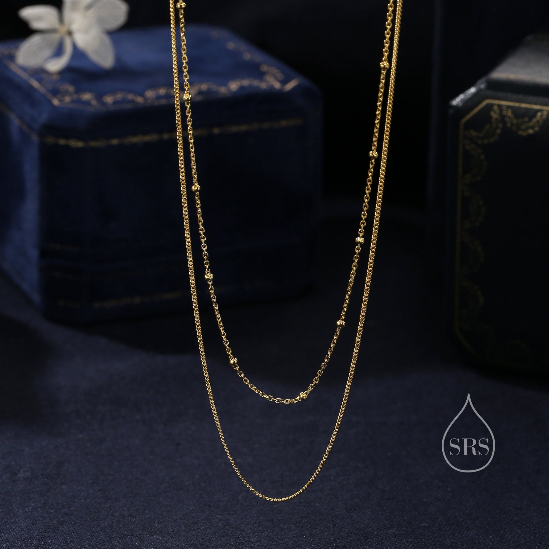 Double Layer Necklace in Sterling Silver with Satellite Chain and Curb Chain, Silver or Gold or Rose Gold, Chain Necklace