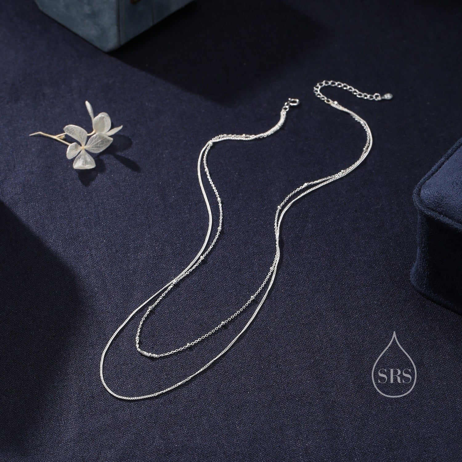 Double Layer Necklace in Sterling Silver with Satellite Chain and Curb Chain, Silver or Gold or Rose Gold, Chain Necklace
