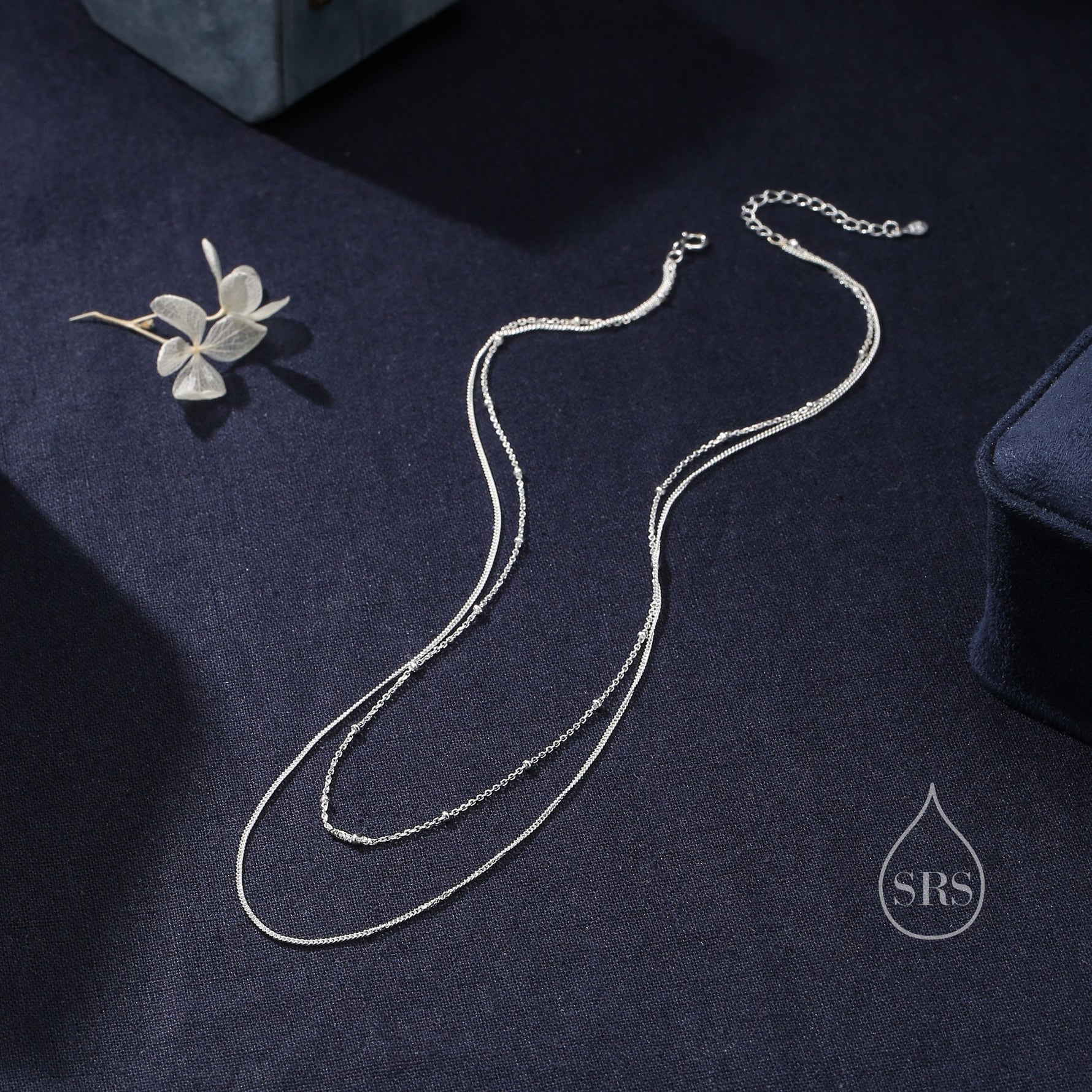 Double Layer Necklace in Sterling Silver with Satellite Chain and Curb Chain, Silver or Gold or Rose Gold, Chain Necklace