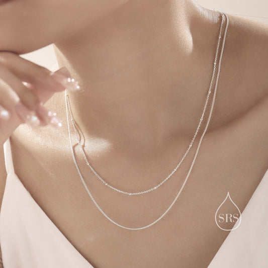 Double Layer Necklace in Sterling Silver with Satellite Chain and Curb Chain,  Silver or Gold or Rose Gold, Chain Necklace