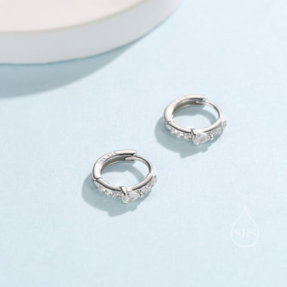 Tiny CZ Huggie Hoop Earrings in Sterling Silver with Pear CZ, Silver or Gold, Droplet CZ Hoops