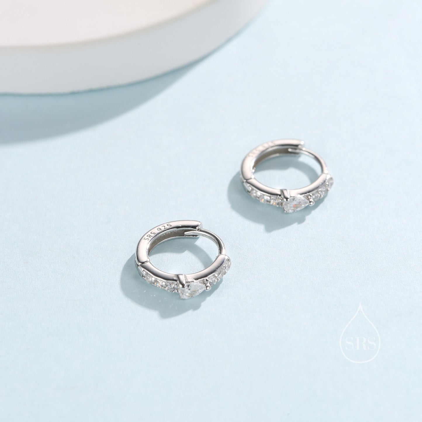 Tiny CZ Huggie Hoop Earrings in Sterling Silver with Sapphire Blue Pear CZ, Silver or Gold, Droplet CZ Hoops