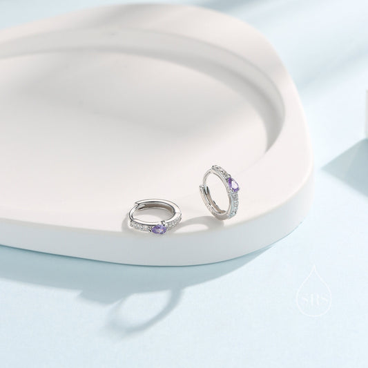 Tiny CZ Huggie Hoop Earrings in Sterling Silver with Amethyst Purple Pear CZ, Silver or Gold, Droplet CZ Hoops