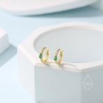 Tiny CZ Huggie Hoop Earrings in Sterling Silver with Emerald Green Pear CZ, Silver or Gold, Droplet CZ Hoops