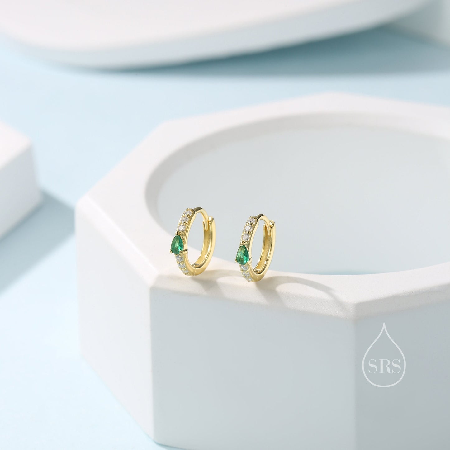 Tiny CZ Huggie Hoop Earrings in Sterling Silver with Emerald Green Pear CZ, Silver or Gold, Droplet CZ Hoops