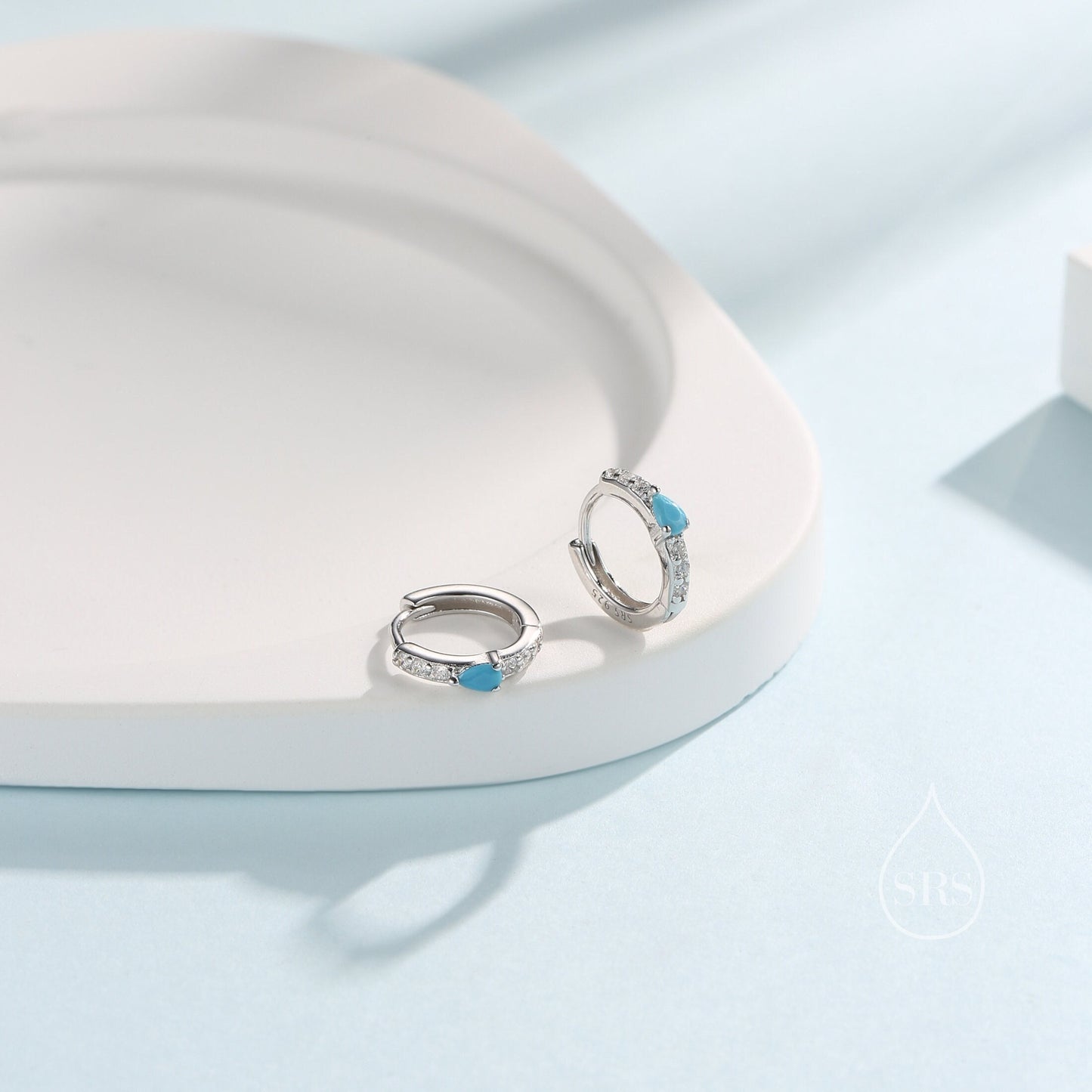 Tiny CZ Huggie Hoop Earrings in Sterling Silver with Turquoise Blue Pear CZ, Silver or Gold, Droplet CZ Hoops