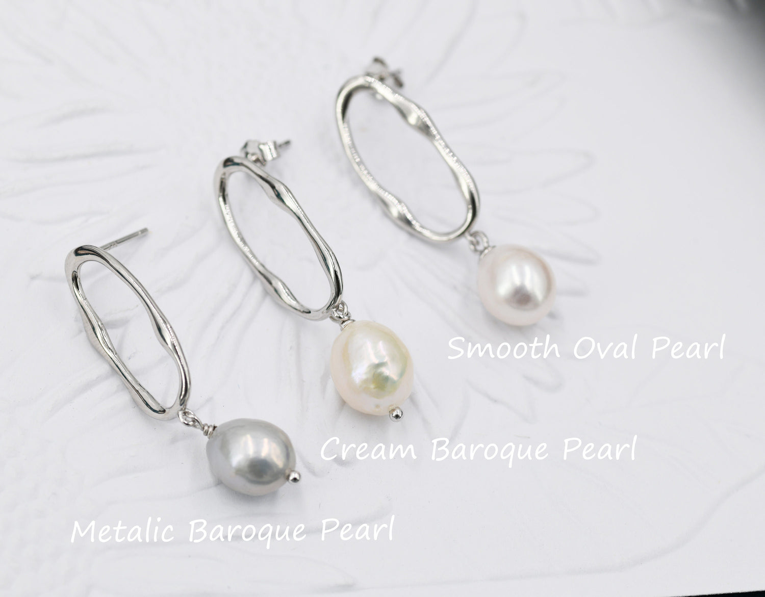 Sterling Silver Irregular Hoop Drop Stud Earrings with Pearls, Available in Three Pearl Choices, Genuine Freshwater Pearls