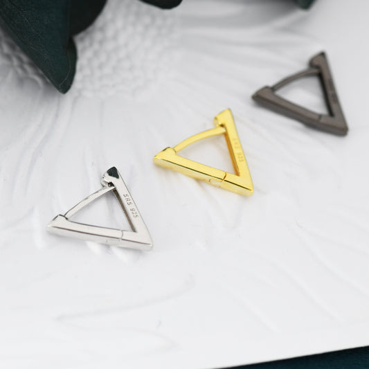 Sterling Silver Triangle Huggie Hoop Earrings, Silver or Gold, Simple Geometric Hoop Earrings