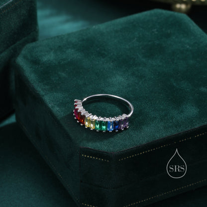 Rainbow Colour Baguette CZ Ring in Sterling Silver, Half Eternity Ring, Half Infinity Ring, Silver , CZ Cluster Ring, US 5 - 7