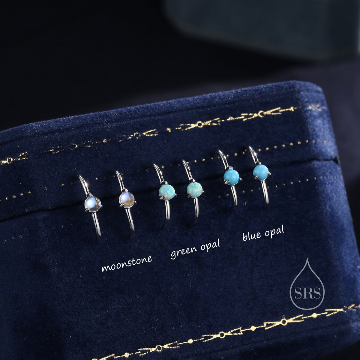 Single Piercing Moonstone or Opal Skinny Earlobe Cuff Earring in Sterling Silver, Lobe Cuff, Silver or Gold or Rose Gold