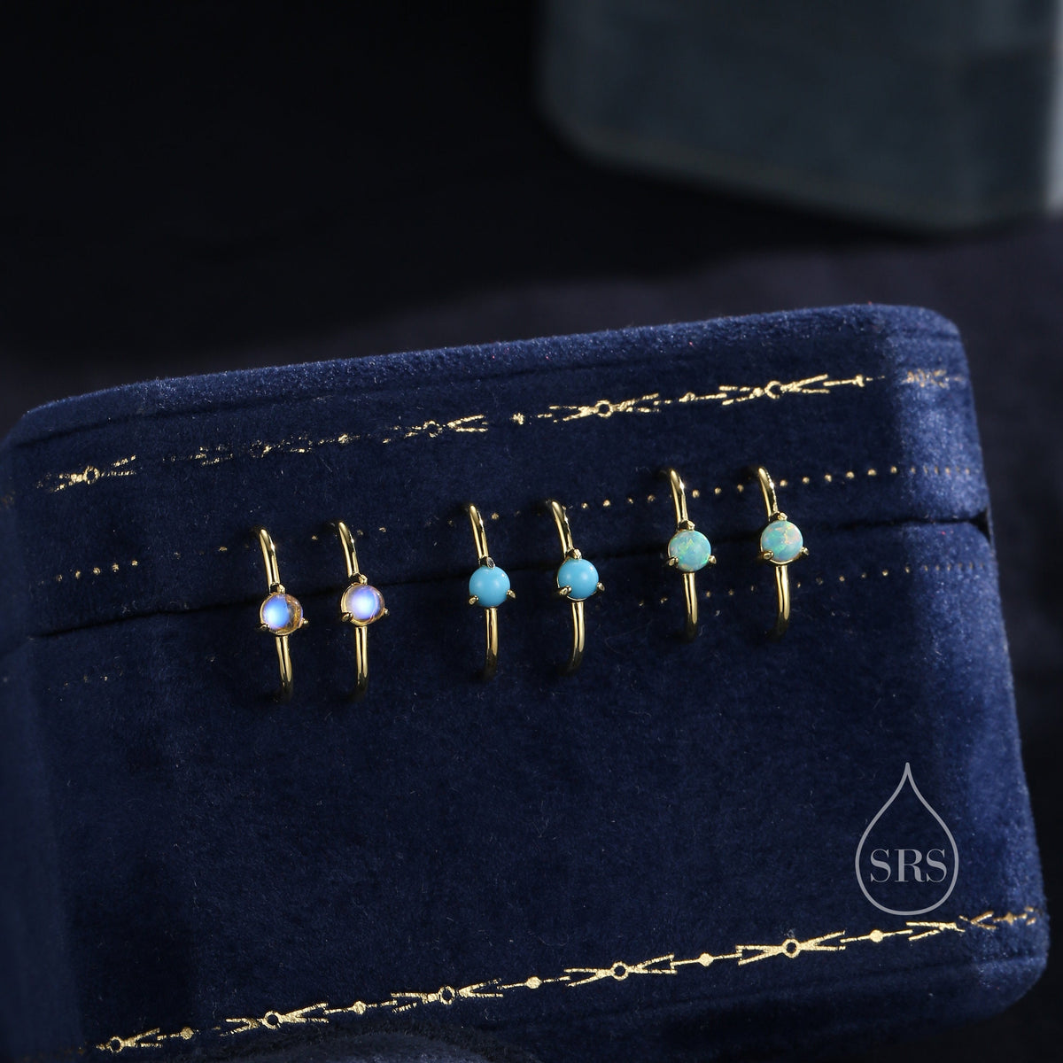 Single Piercing Moonstone or Opal Skinny Earlobe Cuff Earring in Sterling Silver, Lobe Cuff, Silver or Gold or Rose Gold