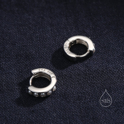 Sterling Silver Pearl Huggie Hoop Earrings, Gold Hoop, Minimalist Geometric Hoop Earrings