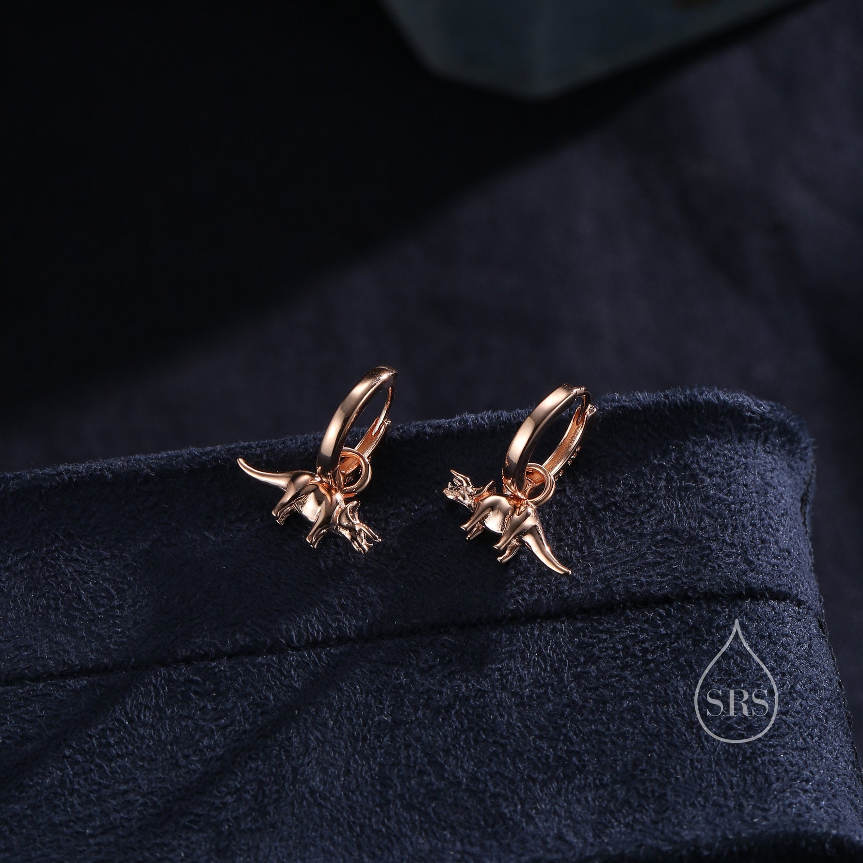 Sterling Silver Triceratops Dinosaur Dangle Hoop Earrings, Silver, Gold or Rose Gold, Triceratops Huggie Hoops, Interchangeable Detachable