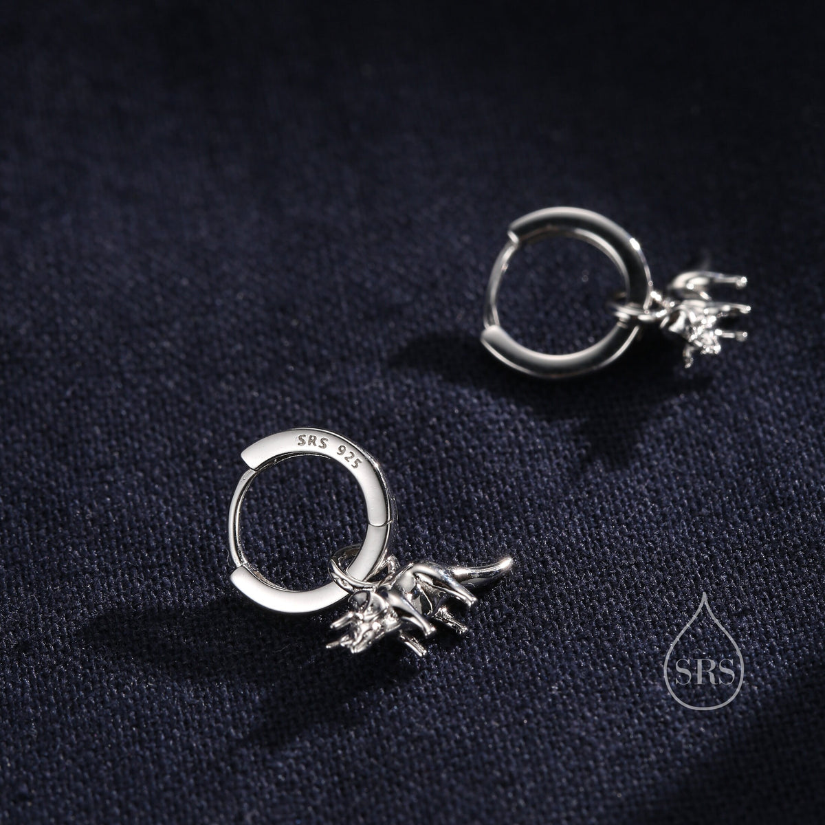 Sterling Silver Triceratops Dinosaur Dangle Hoop Earrings, Silver, Gold or Rose Gold, Triceratops Huggie Hoops, Interchangeable Detachable