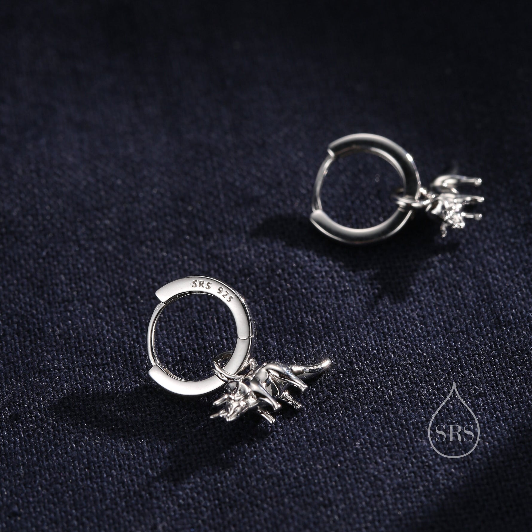 Sterling Silver Triceratops Dinosaur Dangle Hoop Earrings, Silver, Gold or Rose Gold, Triceratops Huggie Hoops, Interchangeable Detachable