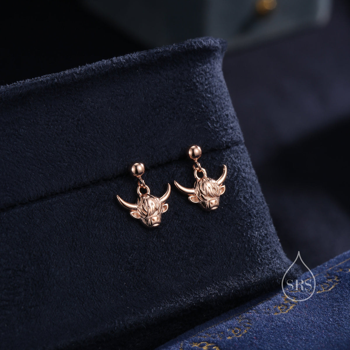 Dangling Highland Cow Drop Stud Earrings in Sterling Silver, Silver or Gold or Rose Gold, Highland Cow Earrings, Cow Hook Earrings, Scottish