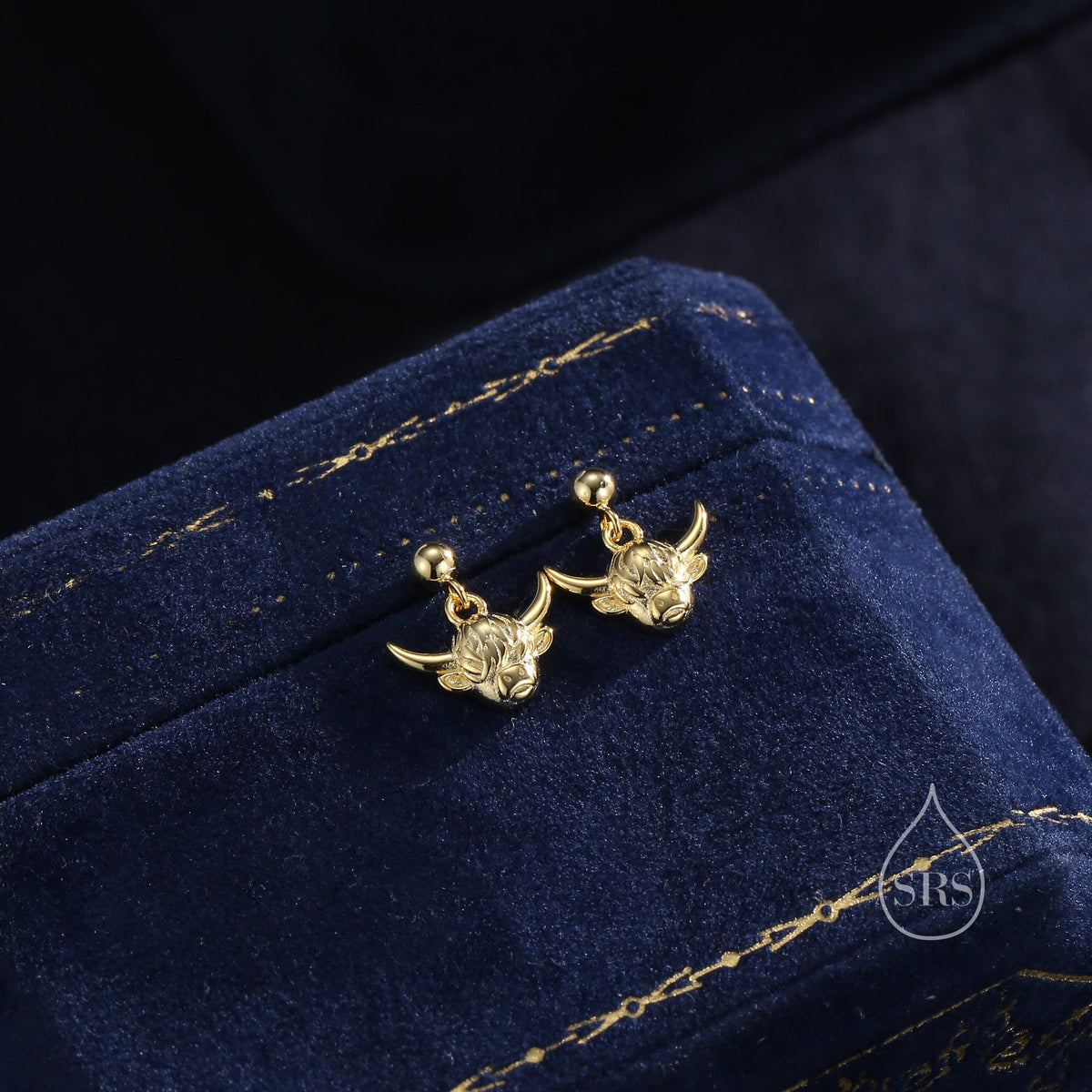 Dangling Highland Cow Drop Stud Earrings in Sterling Silver, Silver or Gold or Rose Gold, Highland Cow Earrings, Cow Hook Earrings, Scottish