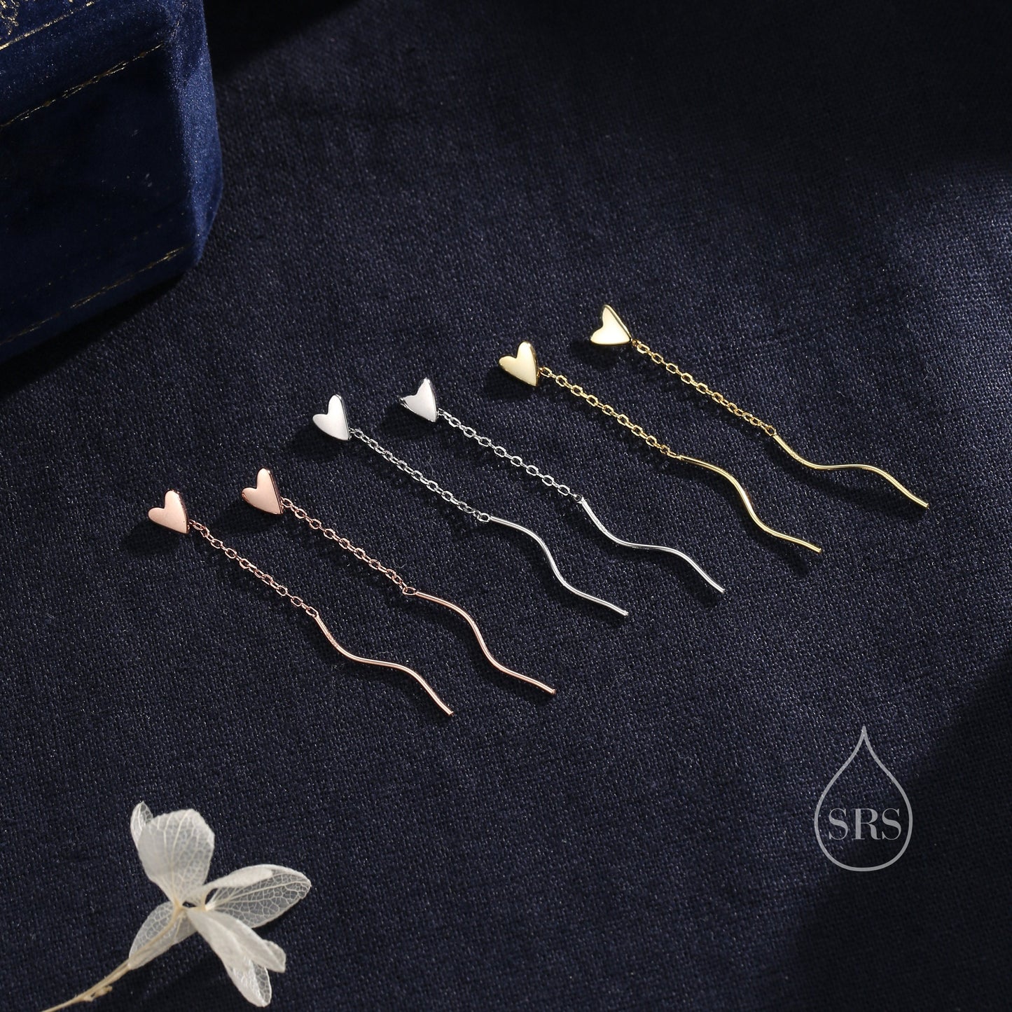 Tiny Heart Threader Earrings in Sterling Silver with Spiral Chains, Silver or Gold or Rose Gold, Heart Ear Threaders, Heart Threaders