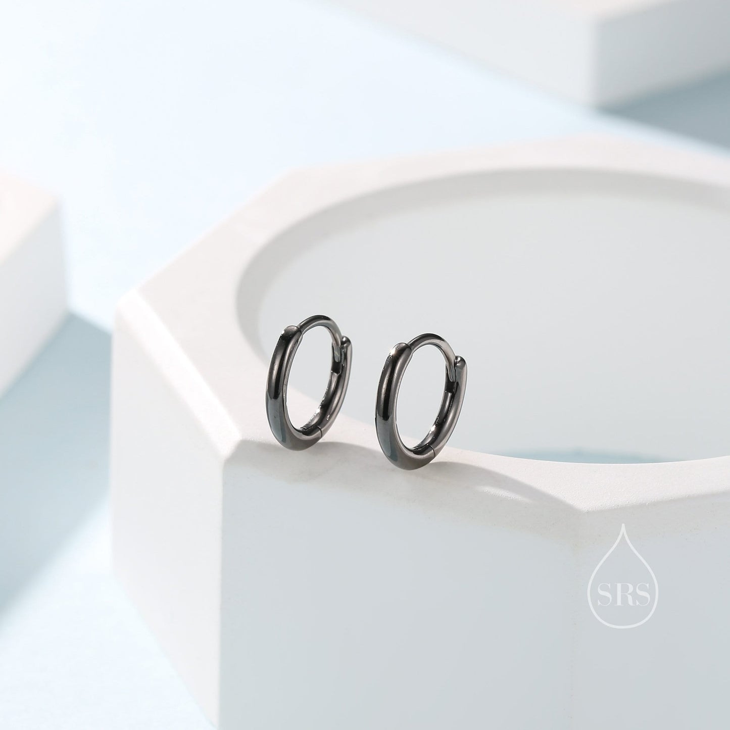 Minimalist Black Huggie Hoops in Sterling Silver, 6mm, 7mm, 8mm, 9mm, 10mm Black Rhodium Clicker Hoops, Sleeper Hoop Earrings, Plain Hoops