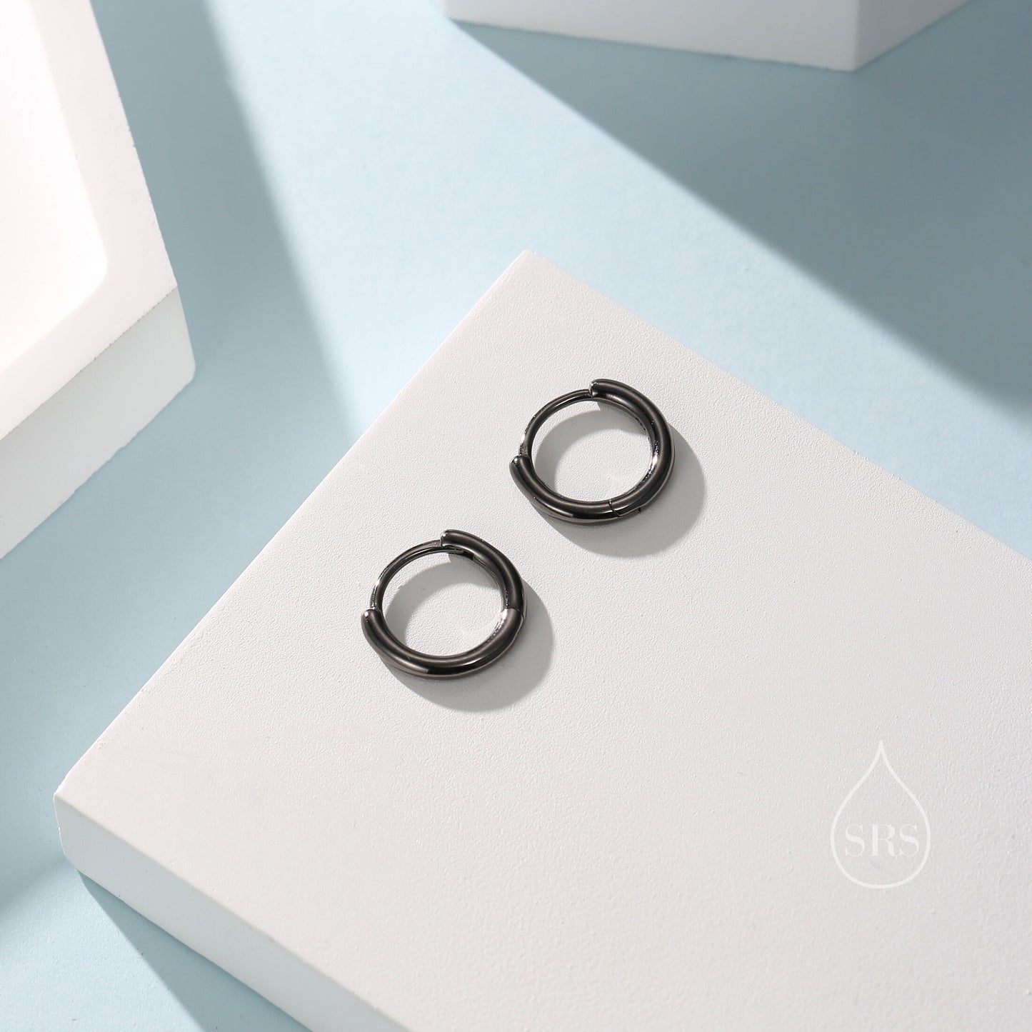 Minimalist Black Huggie Hoops in Sterling Silver, 6mm, 7mm, 8mm, 9mm, 10mm Black Rhodium Clicker Hoops, Sleeper Hoop Earrings, Plain Hoops