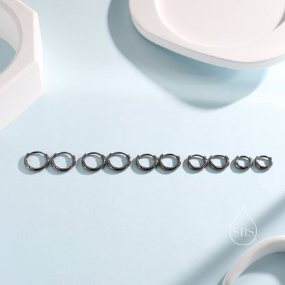 Minimalist Black Huggie Hoops in Sterling Silver, 6mm, 7mm, 8mm, 9mm, 10mm Black Rhodium Clicker Hoops, Sleeper Hoop Earrings, Plain Hoops