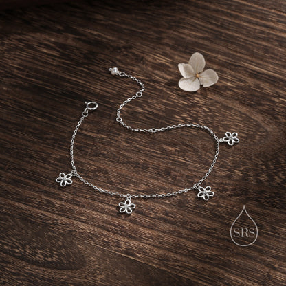 Forget Me Not Flower Motif Bracelet in Sterling Silver, Silver or Gold, Dangle Daisy Bracelet, Forget-me-not Flower Bracelet