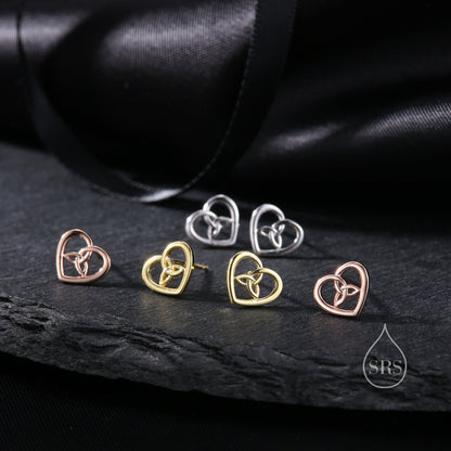 Celtic Heart Stud Earrings in Sterling Silver, Silver, Gold or Rose Gold, Unicorn Earrings, Celtic Trinity Knot Heart Earrings