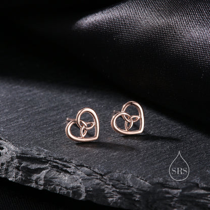 Celtic Heart Stud Earrings in Sterling Silver, Silver, Gold or Rose Gold, Unicorn Earrings, Celtic Trinity Knot Heart Earrings