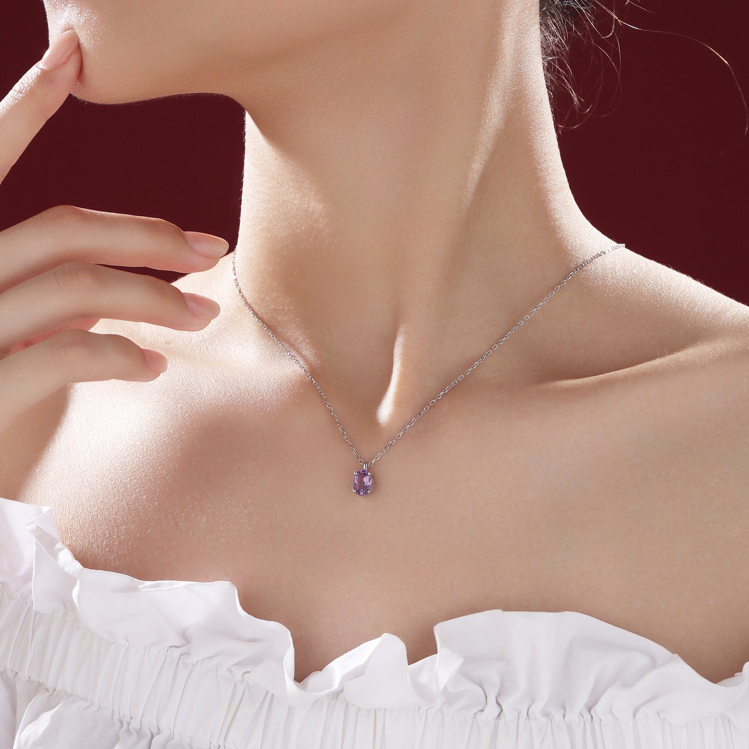 Tiny Genuine Amethyst Crystal Oval Pendant Necklace in Sterling Silver, 5x7mm Tiny Oval Natural Amethyst Necklace, February Birthstone