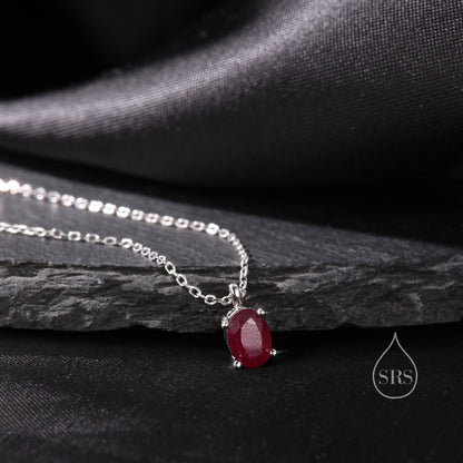 Tiny Genuine Raw Ruby Crystal Oval Pendant Necklace in Sterling Silver, 5x7mm Tiny Oval Natural Ruby Necklace, July Birthstone