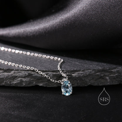 Tiny Genuine Swiss Blue Topaz Crystal Oval Pendant Necklace in Sterling Silver, 5x7mm Tiny Oval Blue Topaz  Necklace, March Birthstone