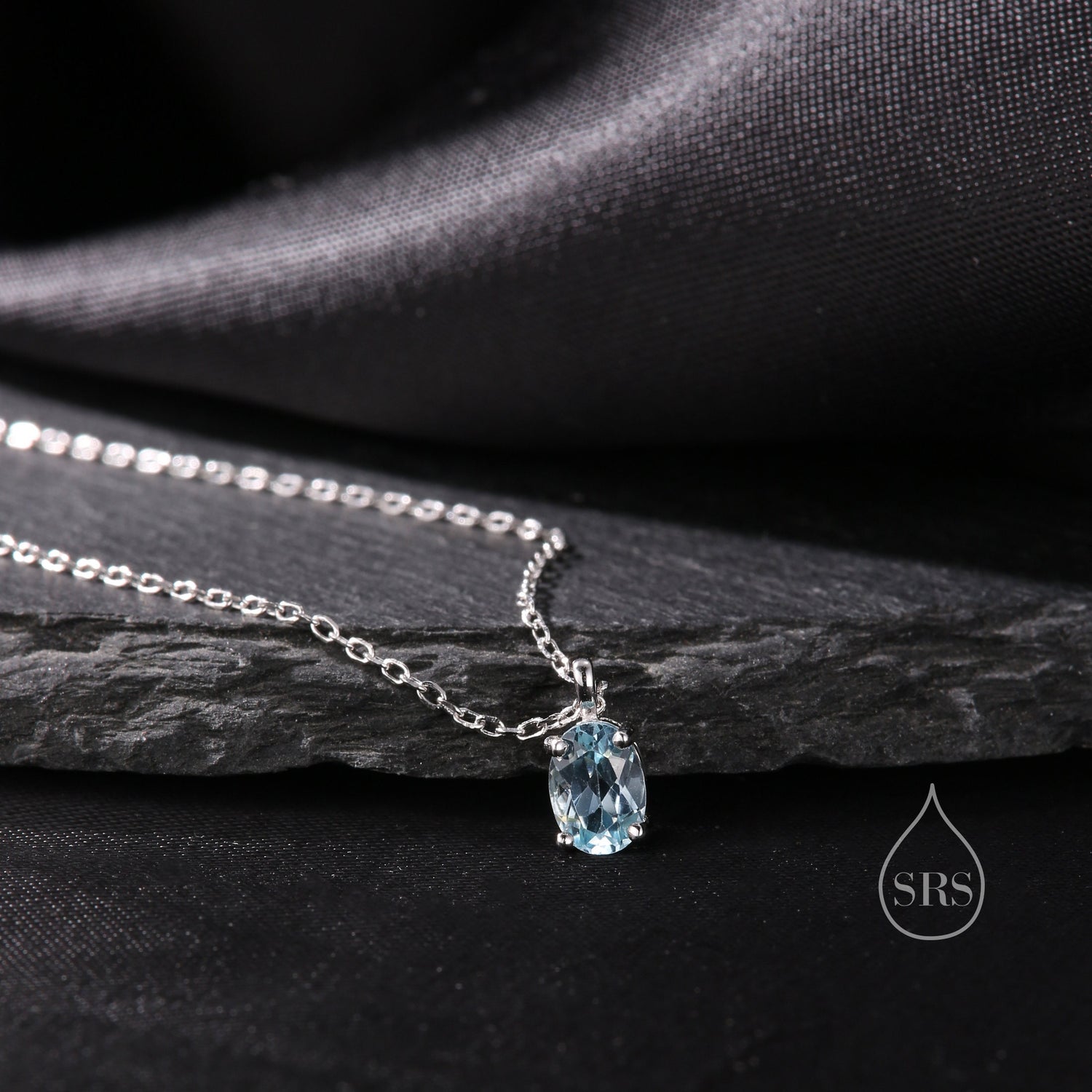 Tiny Genuine Swiss Blue Topaz Crystal Oval Pendant Necklace in Sterling Silver, 5x7mm Tiny Oval Blue Topaz Necklace, March Birthstone