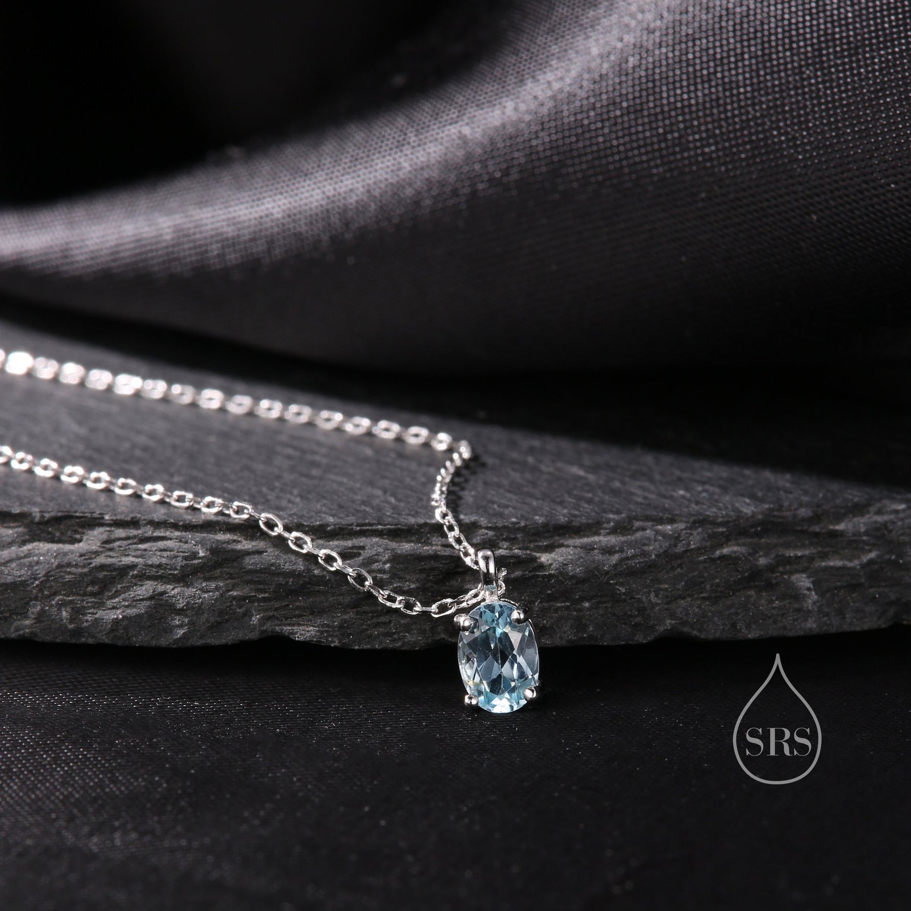 Tiny Genuine Swiss Blue Topaz Crystal Oval Pendant Necklace in Sterling Silver, 5x7mm Tiny Oval Blue Topaz Necklace, March Birthstone
