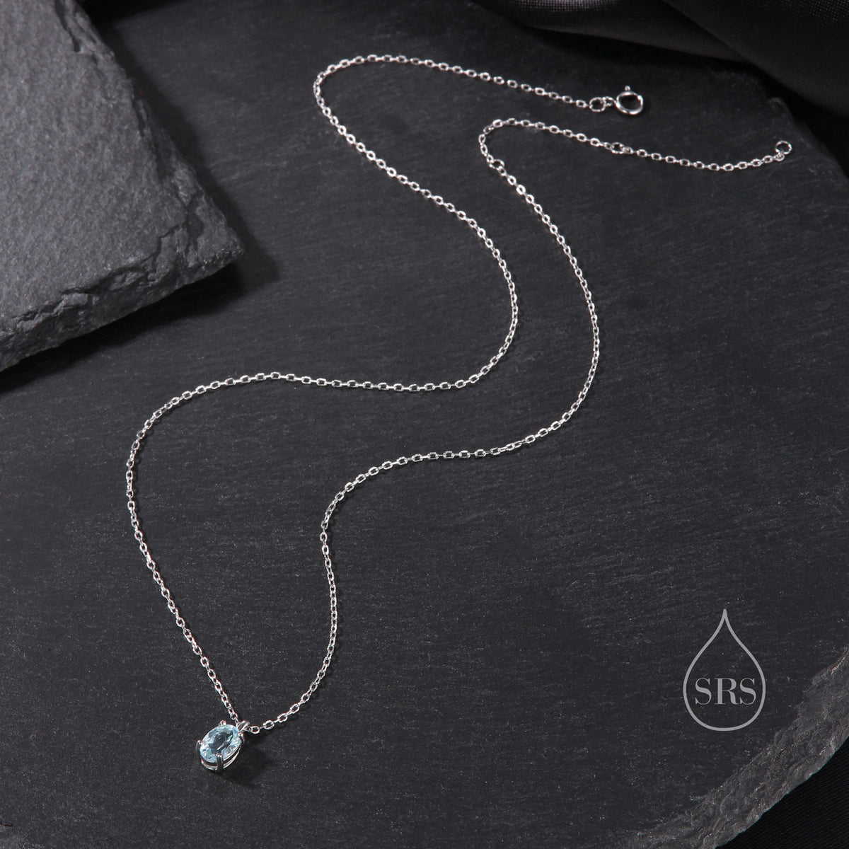 Tiny Genuine Swiss Blue Topaz Crystal Oval Pendant Necklace in Sterling Silver, 5x7mm Tiny Oval Blue Topaz Necklace, March Birthstone
