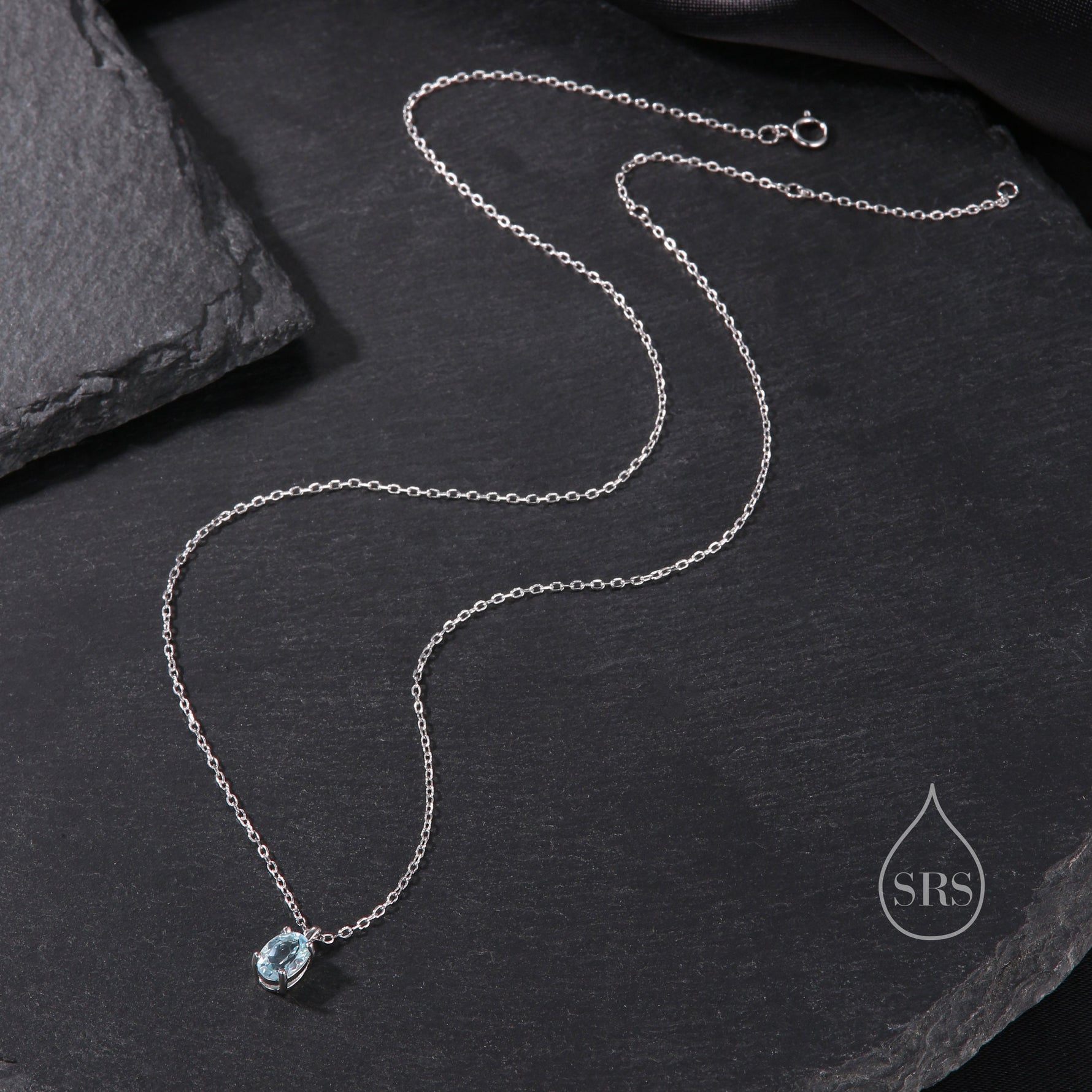 Tiny Genuine Swiss Blue Topaz Crystal Oval Pendant Necklace in Sterling Silver, 5x7mm Tiny Oval Blue Topaz Necklace, March Birthstone